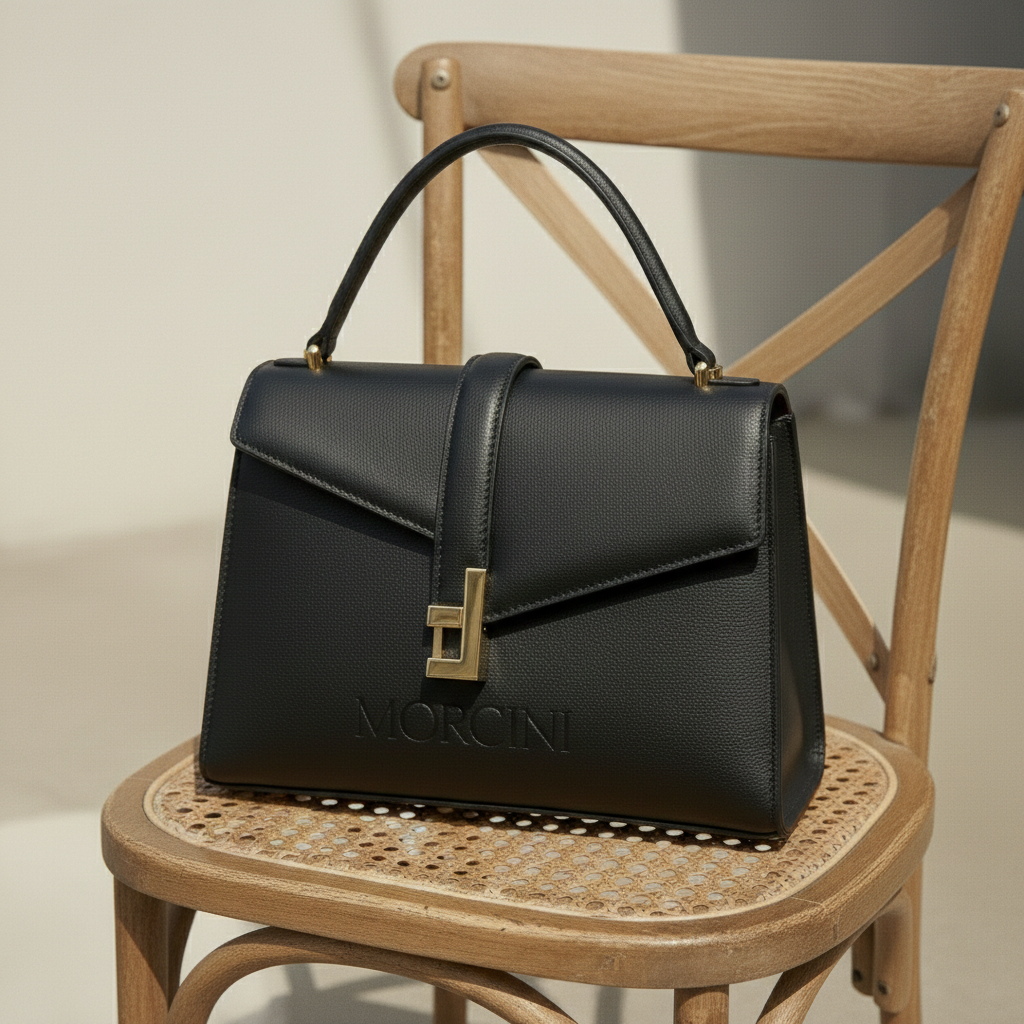 Black pure leather signature Marie Mancini designer handbag with gold accents for sale exclusively on MORCINI