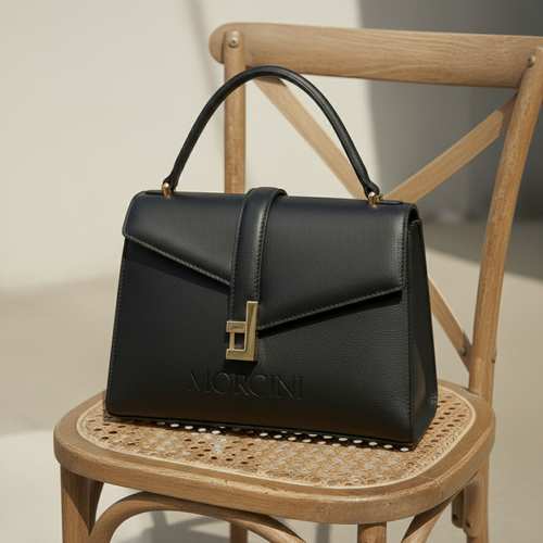 Black pure leather signature Marie Mancini designer handbag with gold accents for sale exclusively on MORCINI